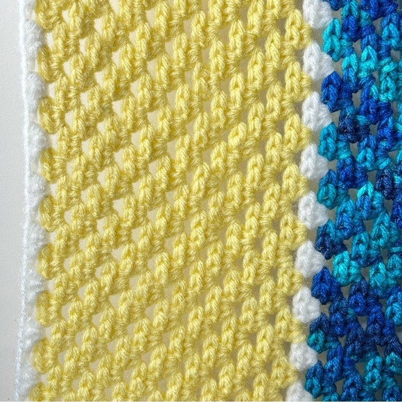 Handmade Crocheted Blue,Yellow & White Granny Blanket Afghan 48"x 56" - Picture 2 of 3